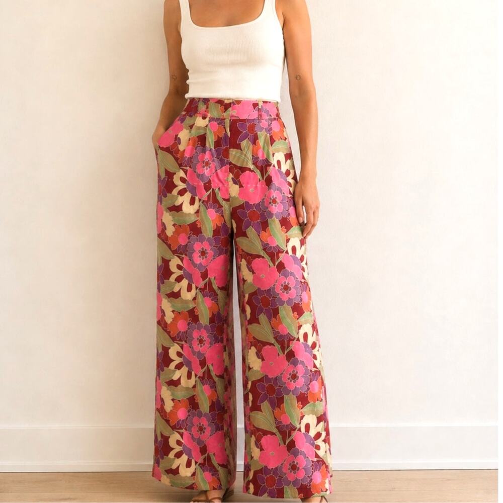 Princess Polly Floral Wide Leg Pants Pink Red Retro High Rise Satin Palazzo-M